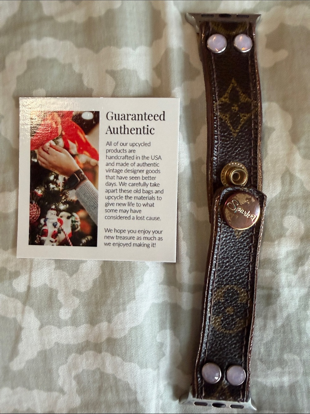 Upcycled Louis Vuitton Monogram Leather AppWatch Band in Brown with Gold Accents